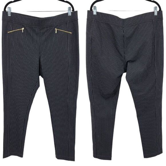 Karl Lagerfeld Paris Pants - Karl‎ Lagerfeld Mid Rise Stretch Pants 16 XL Black Gray Pinstripe Faux Zippers